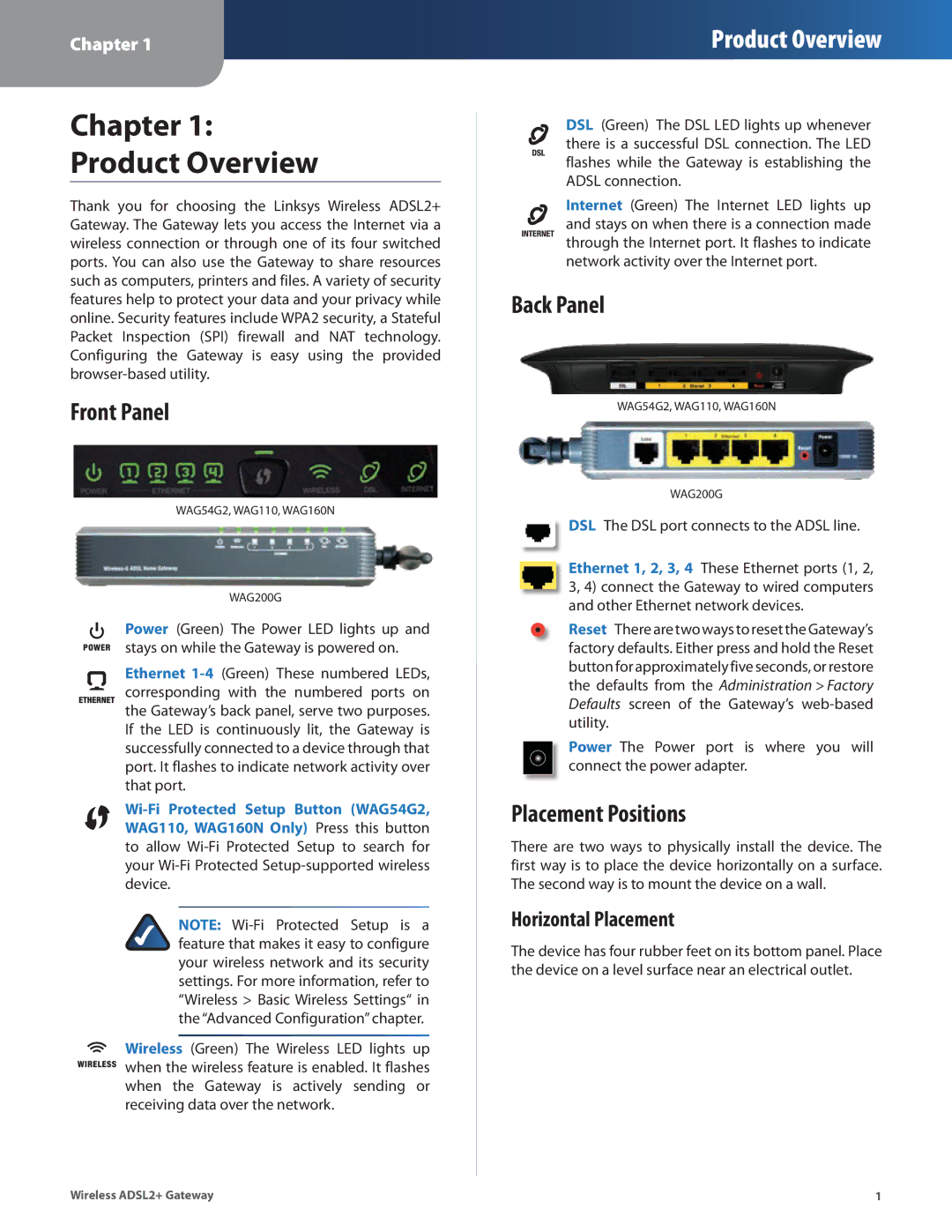 Linksys WAG110, WAG160N manual Chapter Product Overview, Front Panel, Back Panel, Placement Positions, Horizontal Placement 