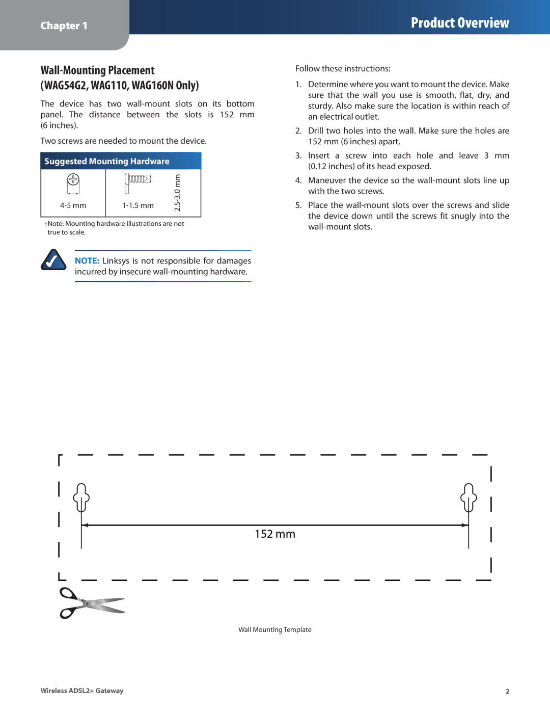 Linksys WAG54G2, WAG160N, WAG110 manual 152 mm 