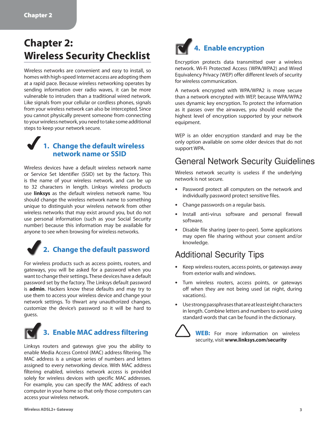 Linksys WAG160N, WAG110 Chapter Wireless Security Checklist, General Network Security Guidelines, Additional Security Tips 