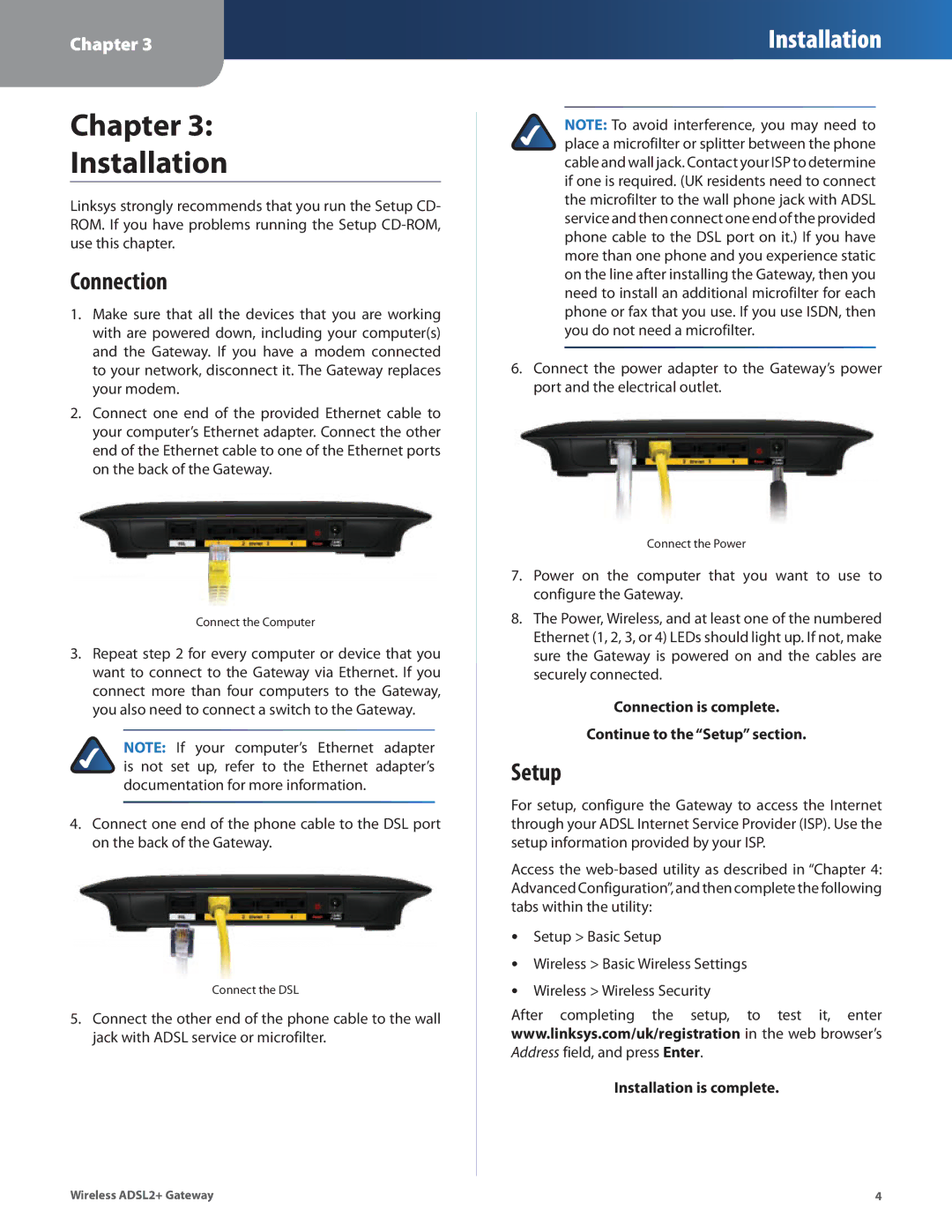 Linksys WAG110, WAG160N, WAG54G2 manual Chapter Installation, Connection, Setup 