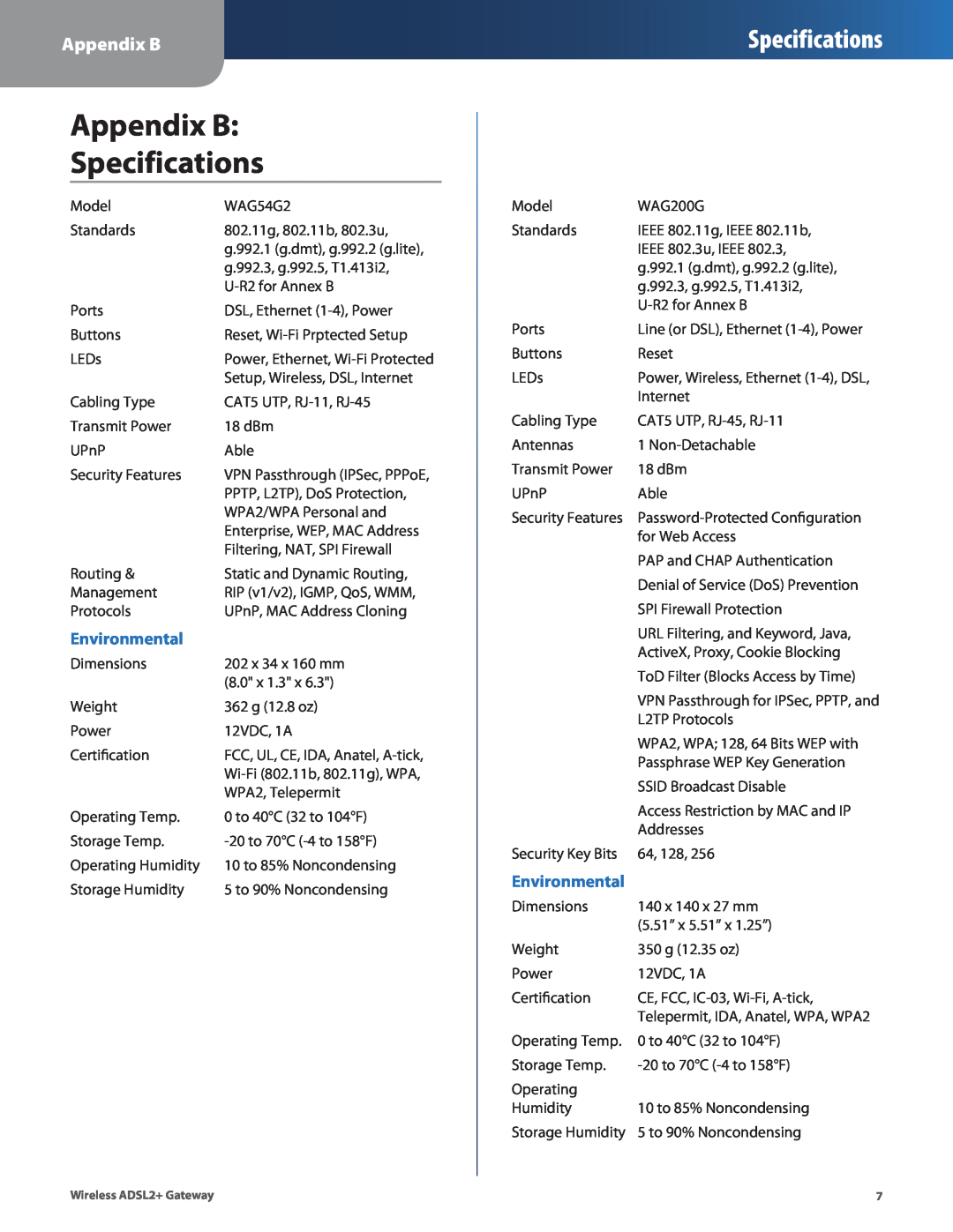 Linksys WAG110, WAG160N, WAG54G2 manual Appendix B Specifications, Environmental 