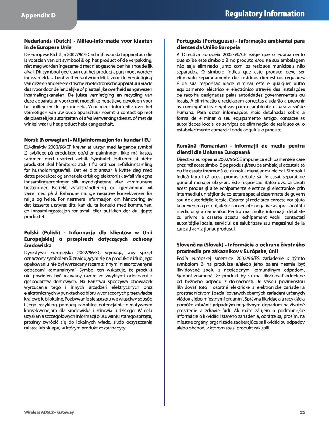 Linksys WAG110 Regulatory Information, Appendix D, Nederlands Dutch - Milieu-informatie voor klanten in de Europese Unie 