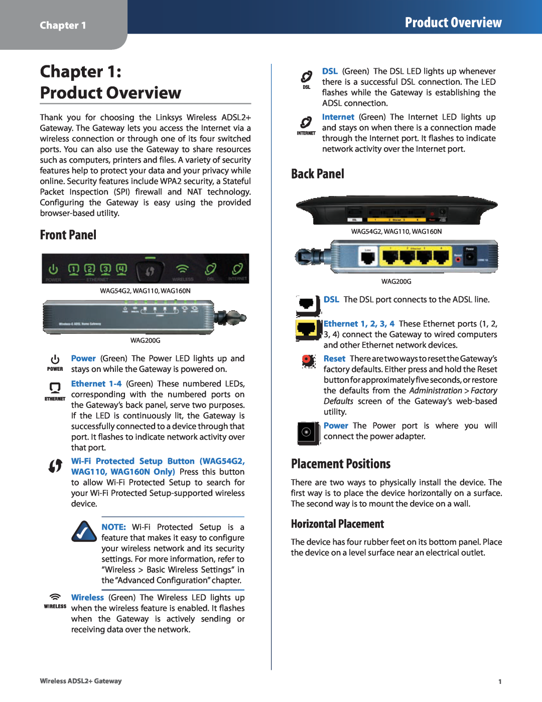 Linksys WAG110, WAG160N, WAG54G2 manual Chapter Product Overview, Front Panel, Back Panel, Placement Positions 