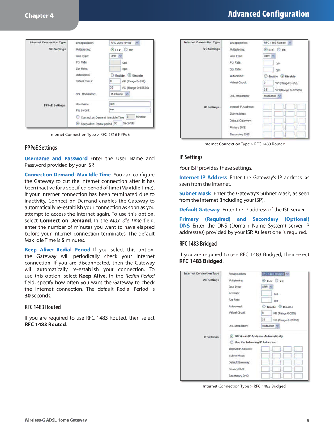 Linksys WAG200G manual PPPoE Settings, RFC 1483 Routed, IP Settings, RFC 1483 Bridged 