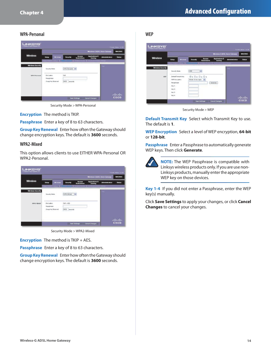 Linksys WAG200G manual WPA-Personal, WPA2-Mixed 