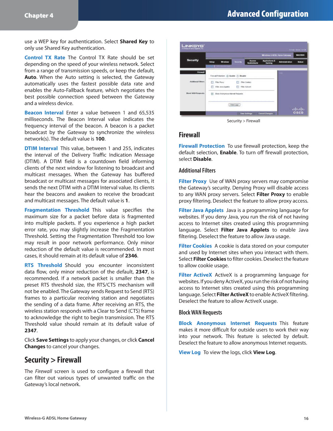 Linksys WAG200G manual Security Firewall, Additional Filters, Block WAN Requests 