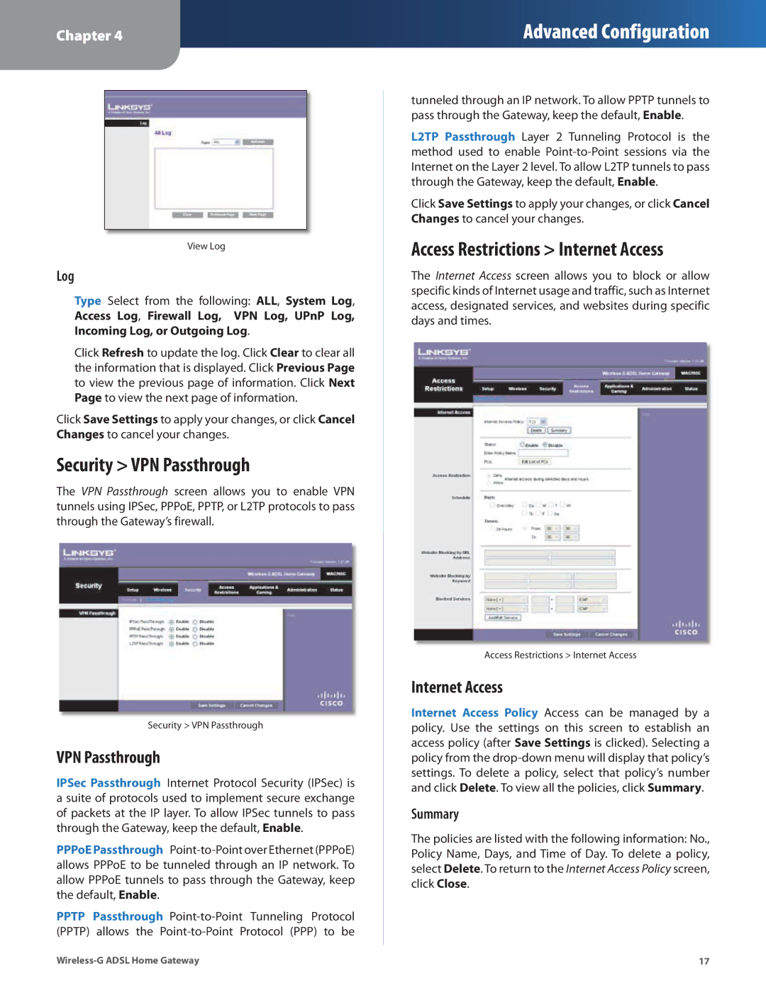Linksys WAG200G manual Security VPN Passthrough, Internet Access, Log, Summary 