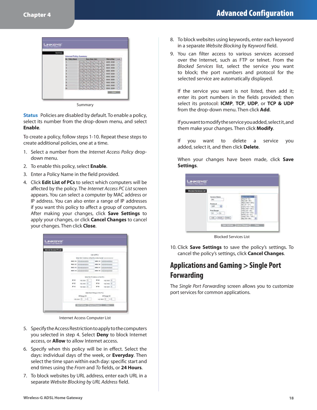 Linksys WAG200G manual Applications and Gaming Single Port Forwarding 