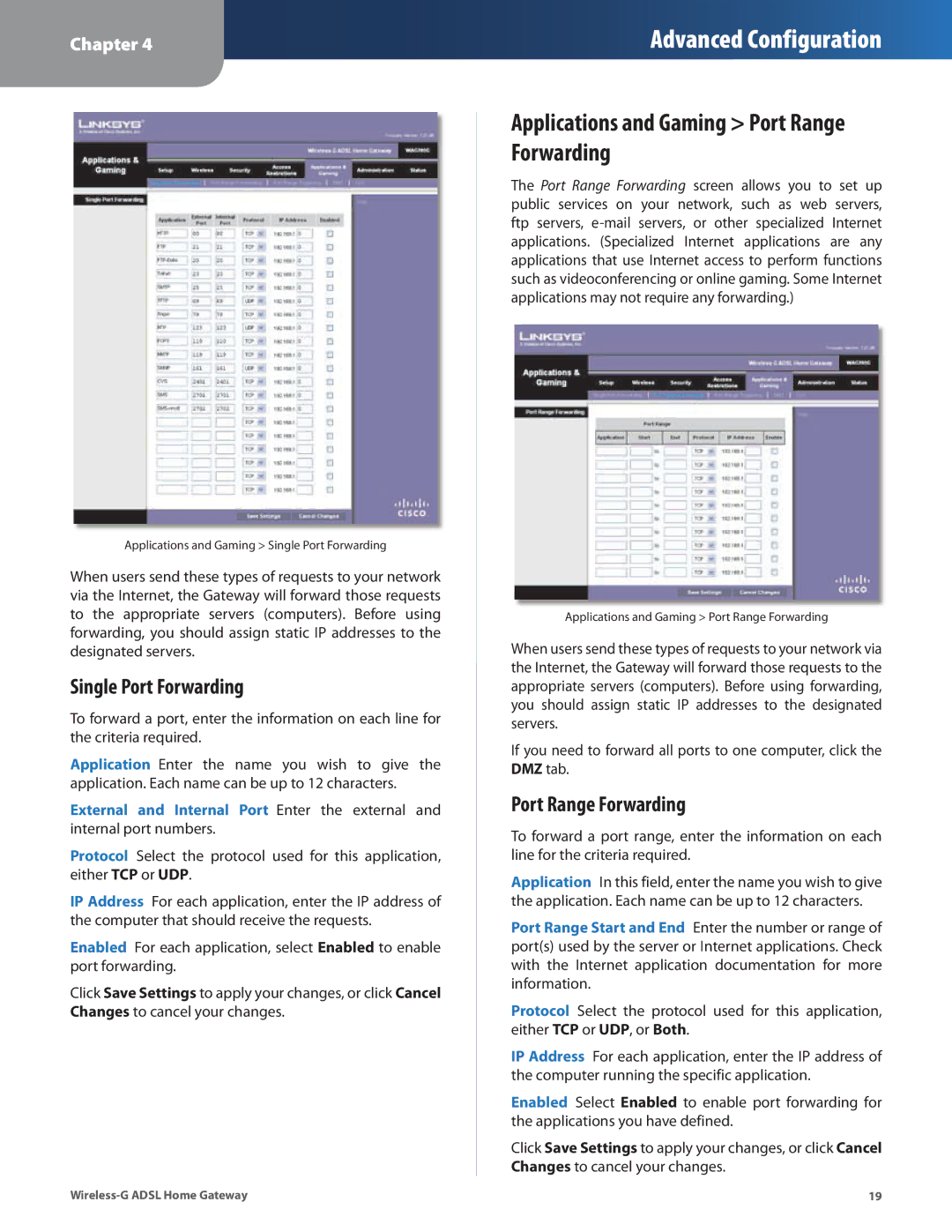 Linksys WAG200G manual Applications and Gaming Port Range Forwarding, Single Port Forwarding 