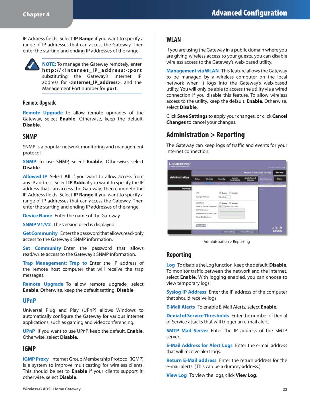 Linksys WAG200G manual Administration Reporting, Remote Upgrade 