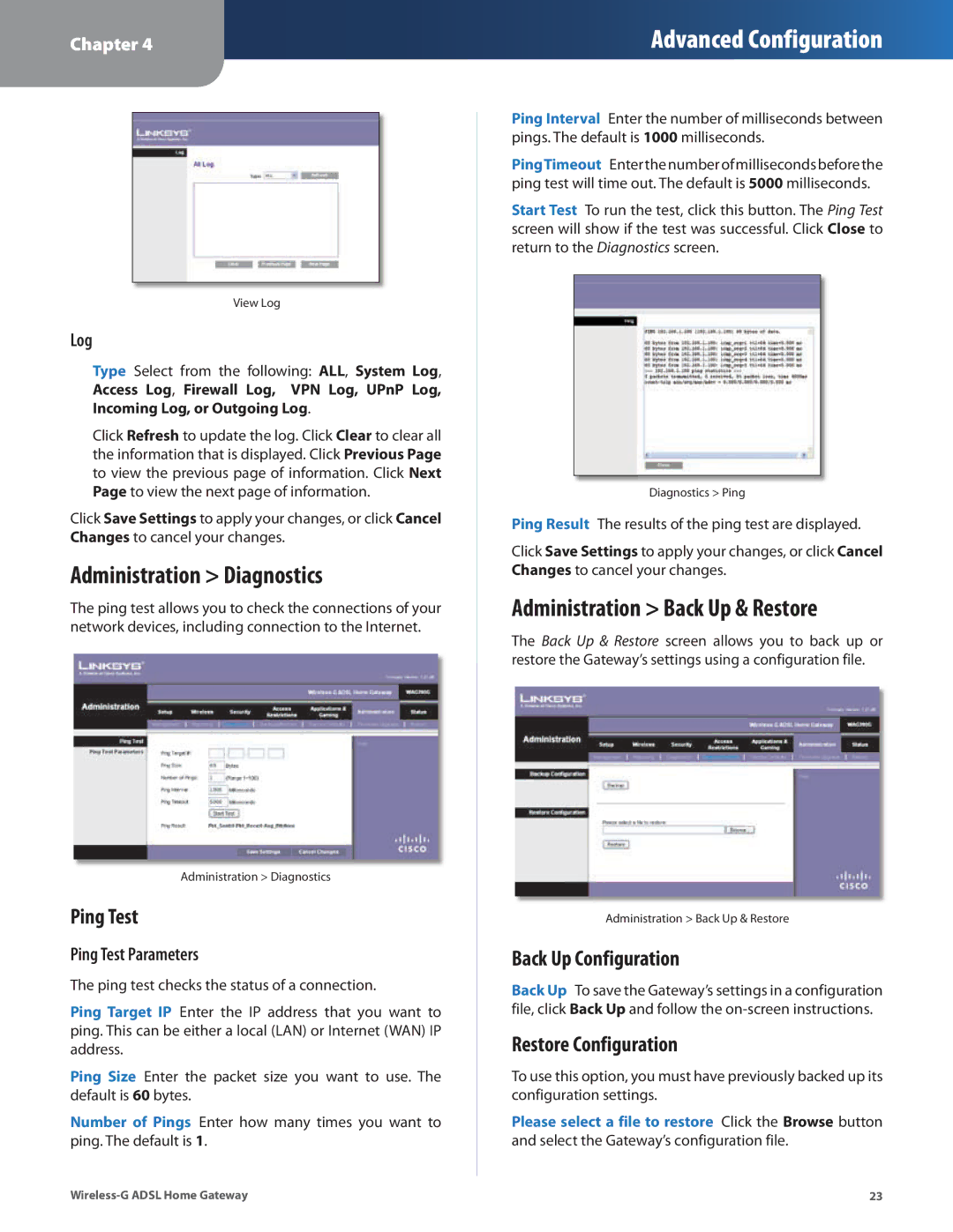 Linksys WAG200G manual Administration Diagnostics, Administration Back Up & Restore, Ping Test, Back Up Configuration 