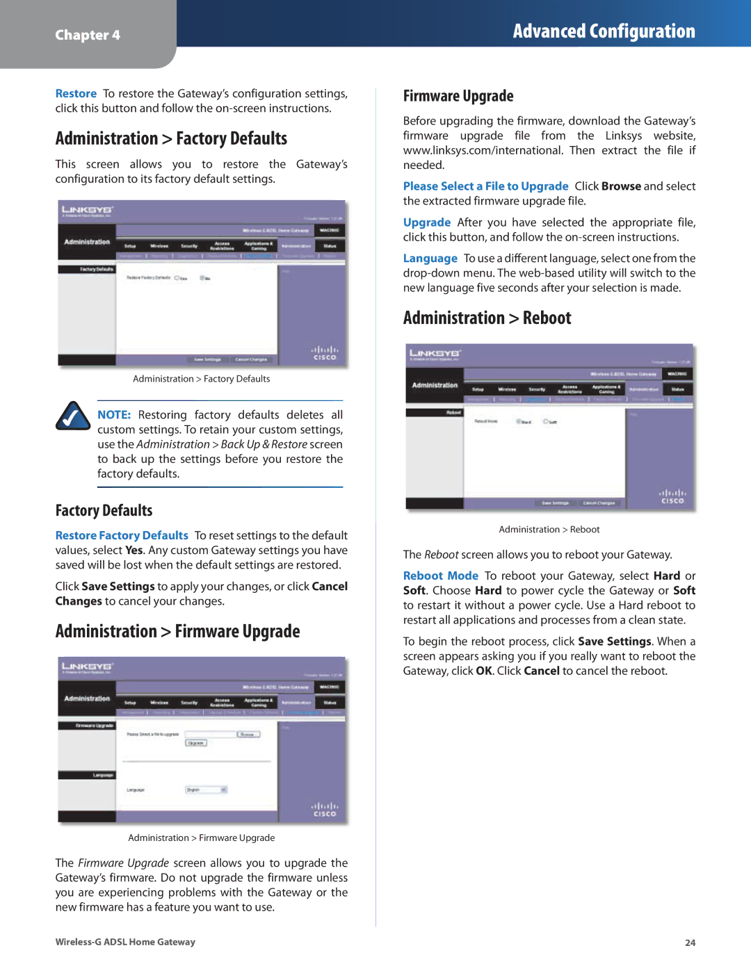 Linksys WAG200G manual Administration Factory Defaults, Administration Firmware Upgrade, Administration Reboot 