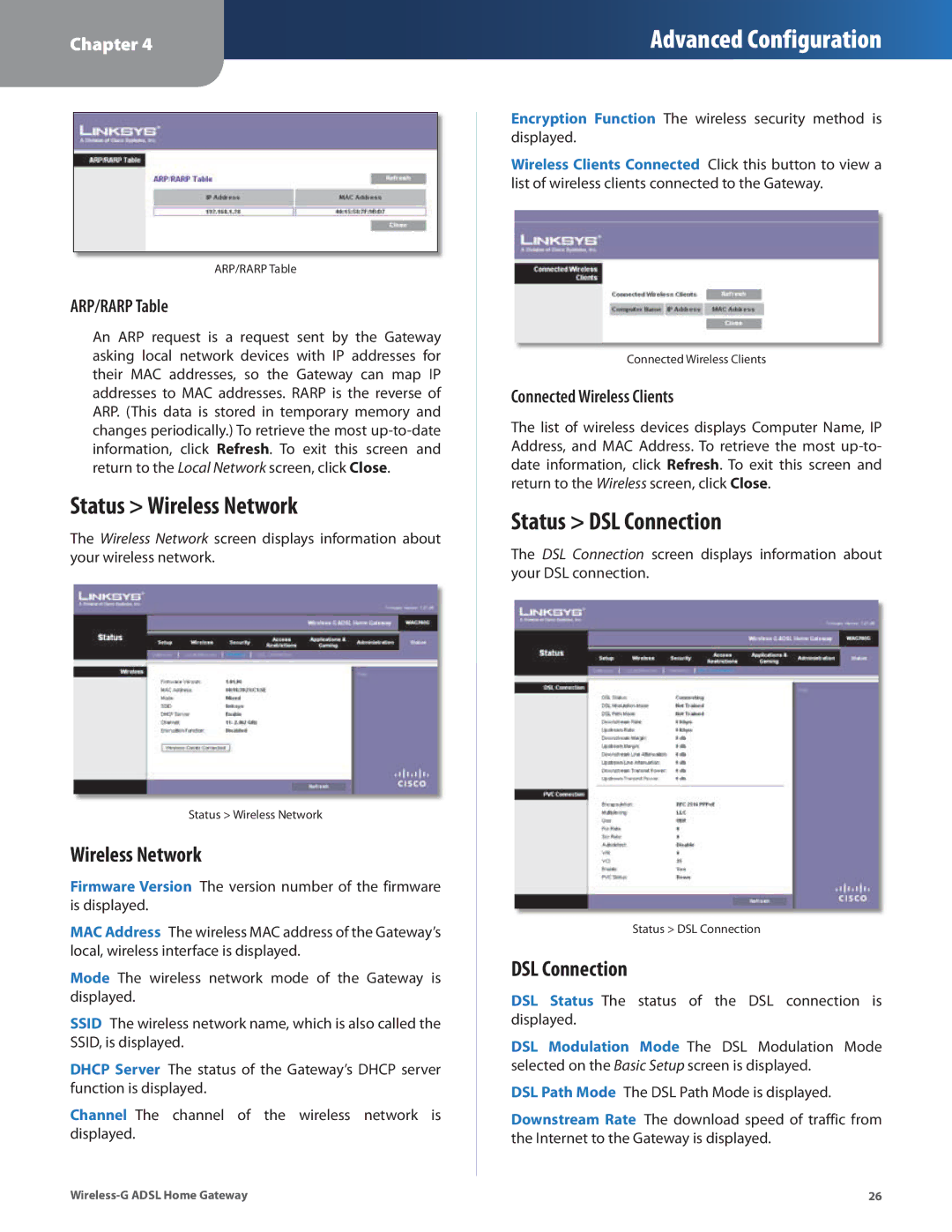 Linksys WAG200G manual Status Wireless Network, Status DSL Connection, ARP/RARP Table, Connected Wireless Clients 