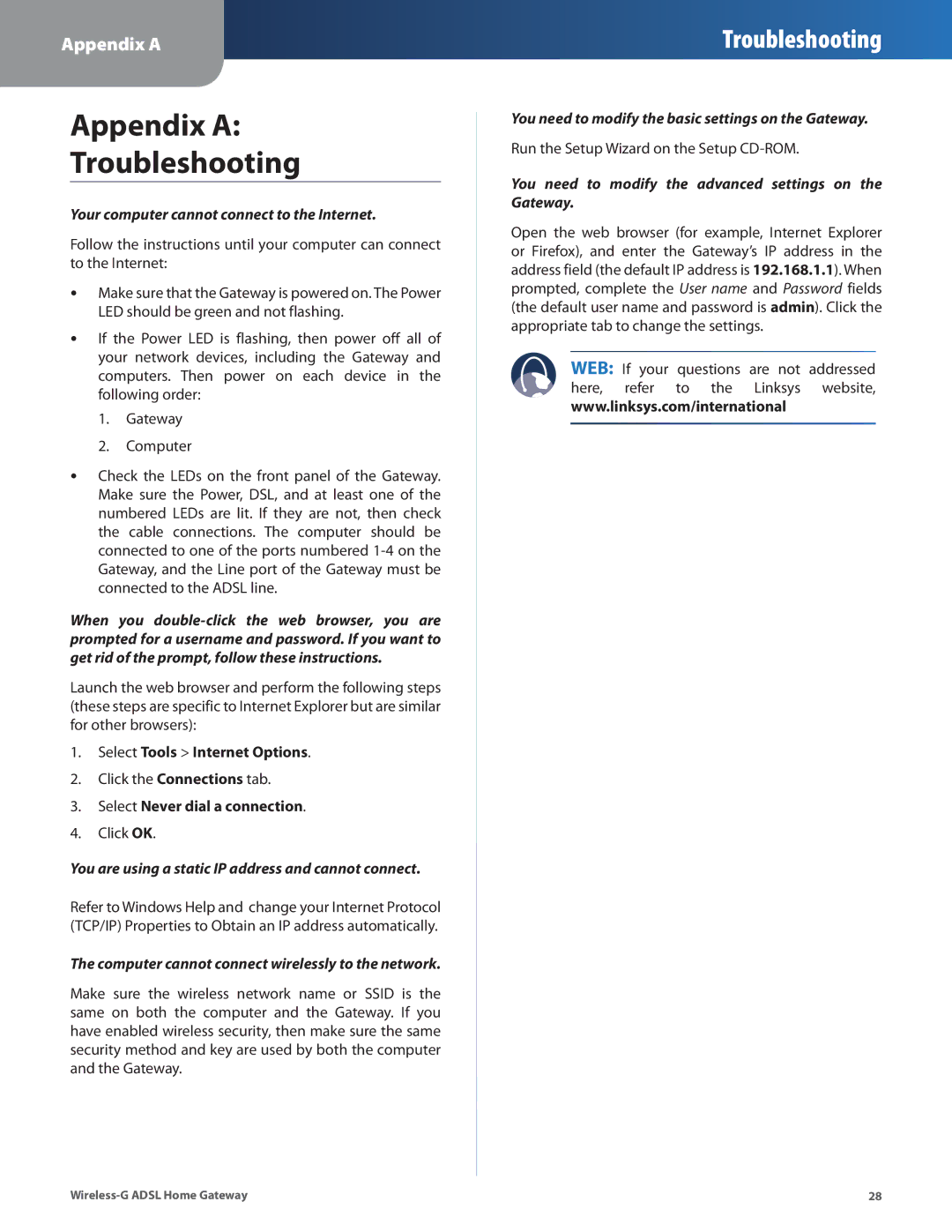 Linksys WAG200G manual Appendix a Troubleshooting, Your computer cannot connect to the Internet 