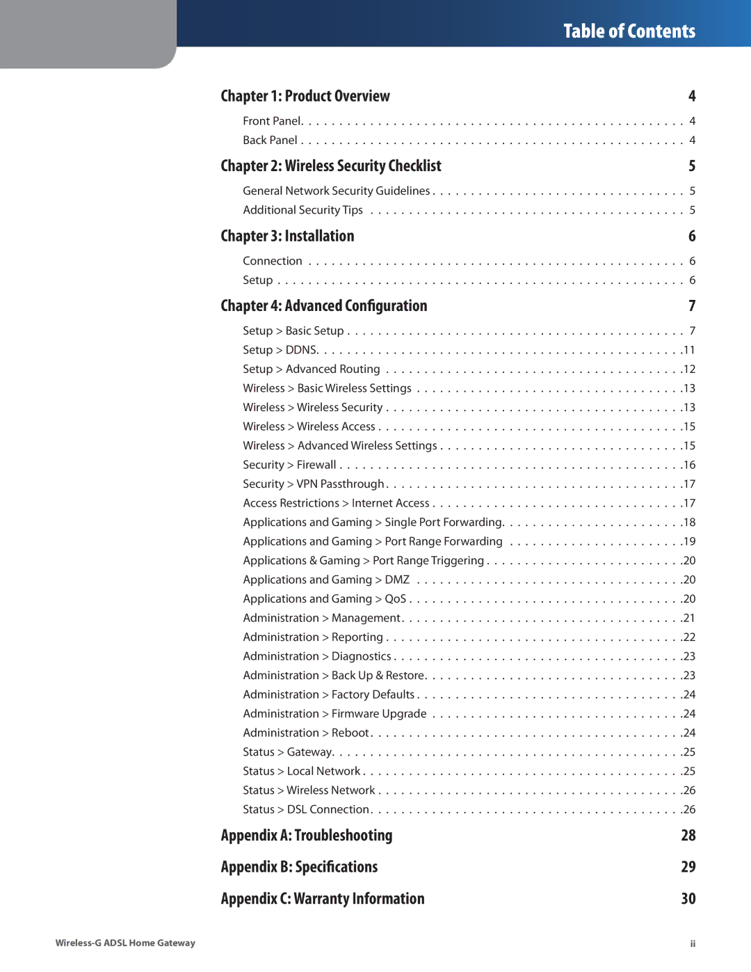 Linksys WAG200G manual Table of Contents 