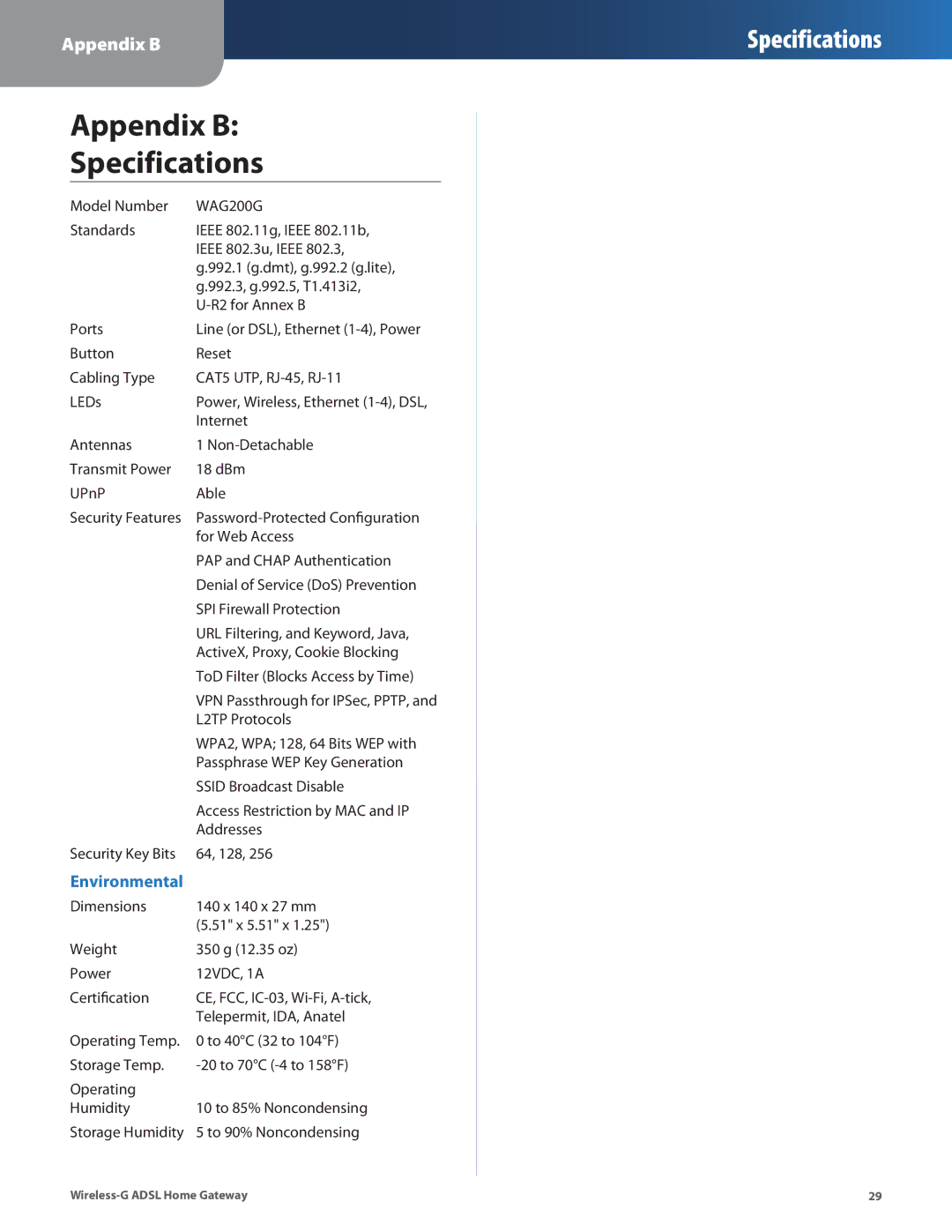 Linksys WAG200G manual Appendix B Specifications 