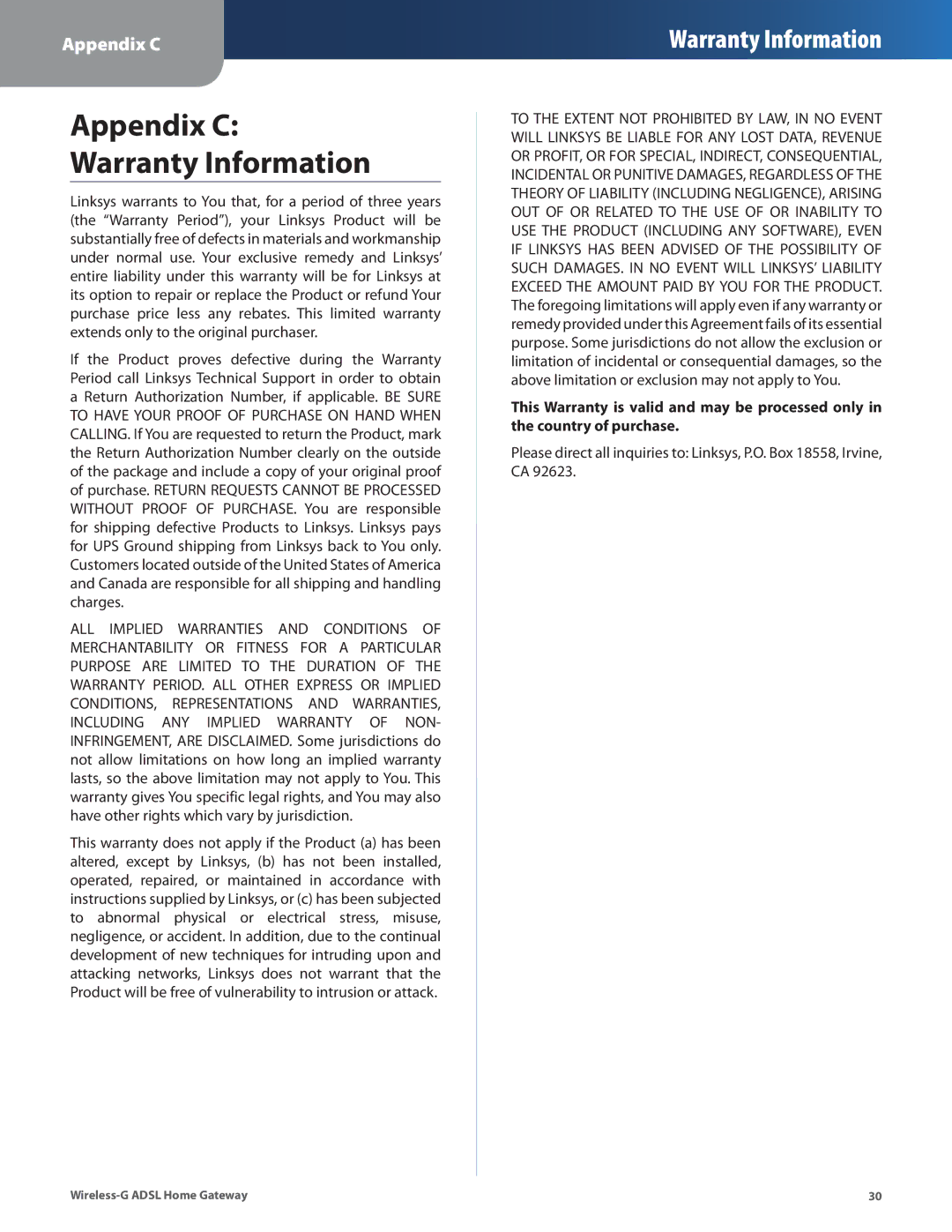 Linksys WAG200G manual Appendix C Warranty Information 