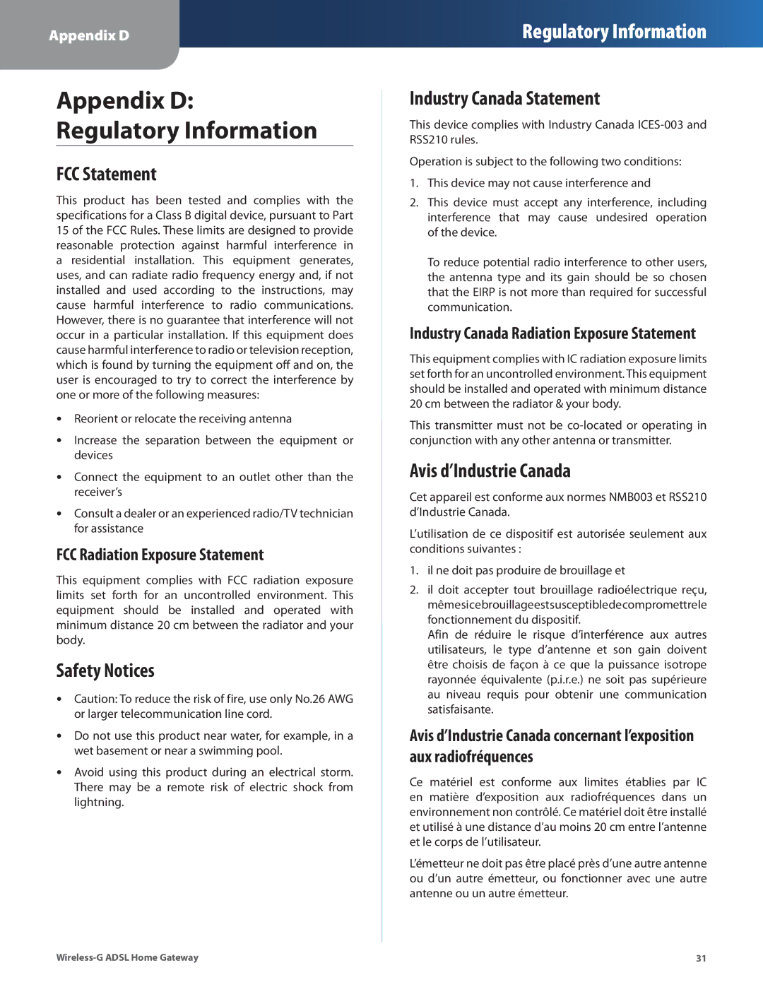 Linksys WAG200G manual FCC Statement, Safety Notices, Industry Canada Statement, Avis d’Industrie Canada 