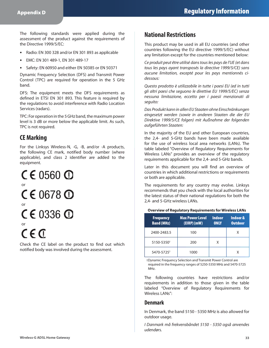 Linksys WAG200G manual CE Marking, National Restrictions, Denmark 