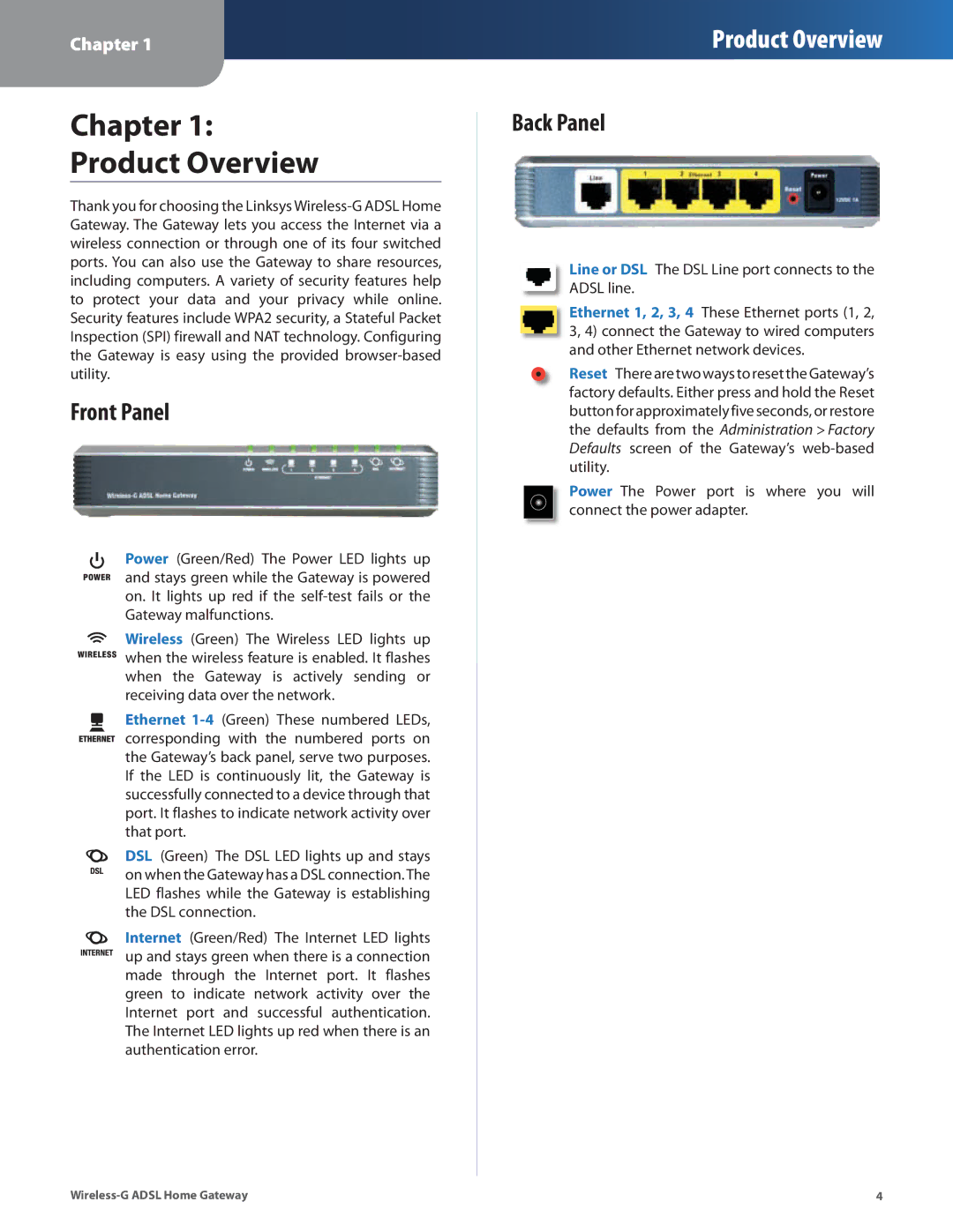 Linksys WAG200G manual Chapter Product Overview, Front Panel, Back Panel 