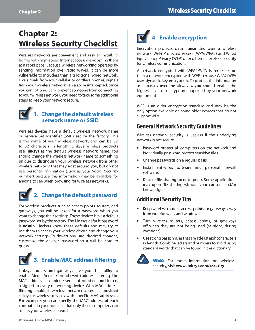 Linksys WAG200G manual Chapter Wireless Security Checklist, General Network Security Guidelines, Additional Security Tips 