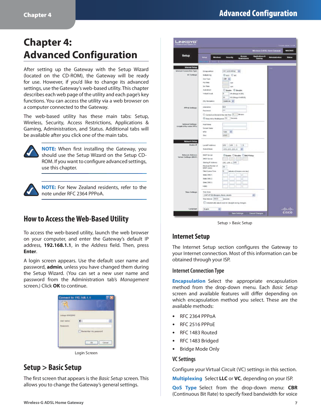 Linksys WAG200G Chapter Advanced Configuration, How to Access the Web-Based Utility, Setup Basic Setup, Internet Setup 