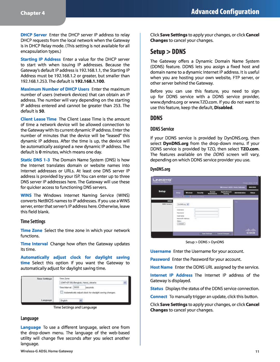 Linksys WAG200G manual Setup DDNS, Ddns, Time Settings, Language, DDNS Service, DynDNS.org, Advanced Configuration, Chapter 