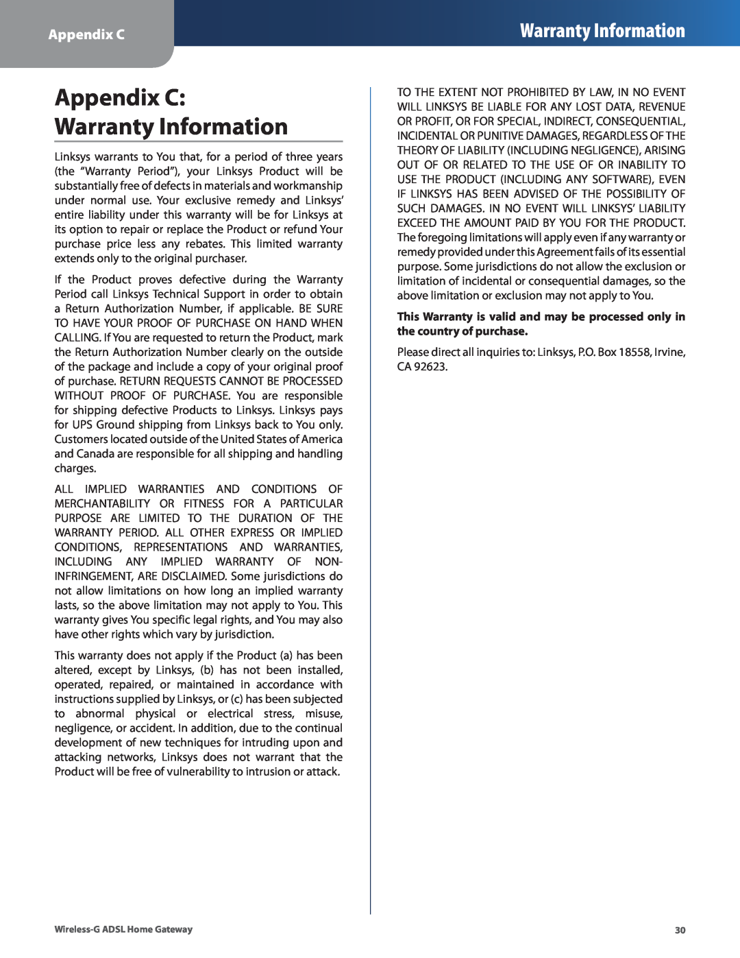 Linksys WAG200G manual Appendix C Warranty Information 