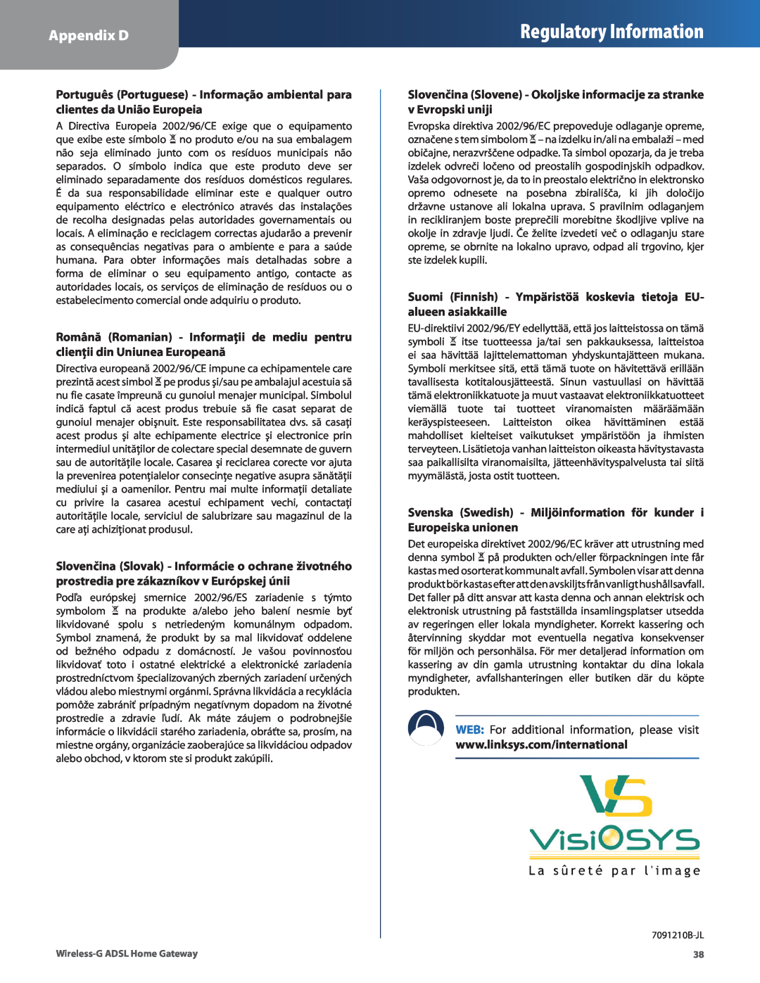 Linksys WAG200G Regulatory Information, Appendix D, Slovenčina Slovene - Okoljske informacije za stranke v Evropski uniji 