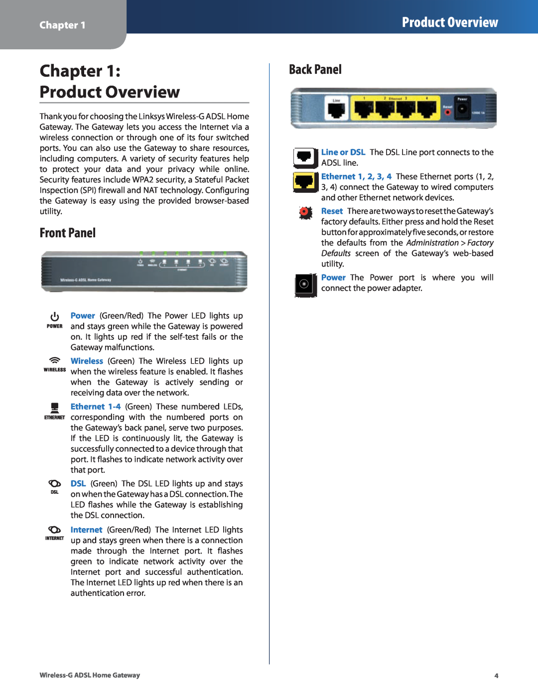 Linksys WAG200G manual Chapter Product Overview, Front Panel, Back Panel 