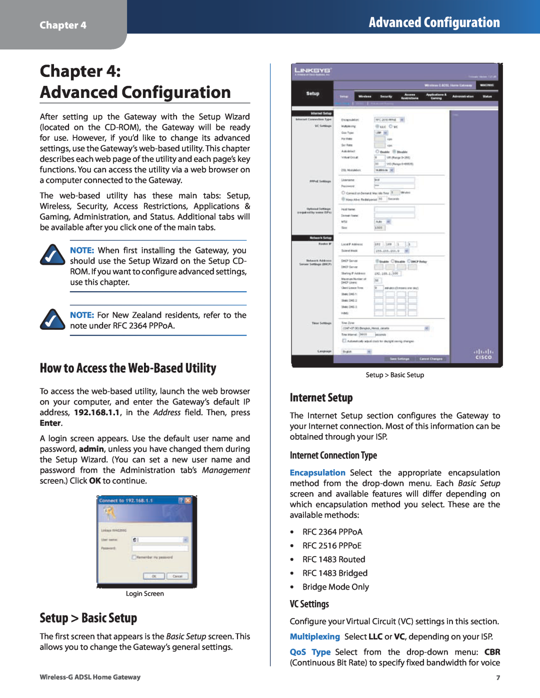 Linksys WAG200G Chapter Advanced Configuration, How to Access the Web-Based Utility, Setup Basic Setup, Internet Setup 