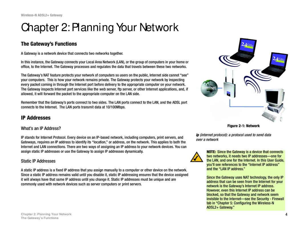 Linksys wag300n (eu, la) manual Planning Your Network, Gateway’s Functions, What’s an IP Address?, Static IP Addresses 