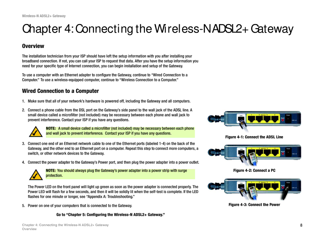 Linksys wag300n (eu, la) manual Connecting the Wireless-N ADSL2+ Gateway, Overview, Wired Connection to a Computer 