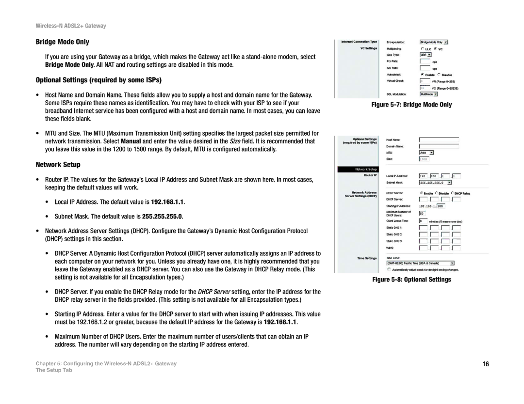 Linksys wag300n (eu, la) manual Bridge Mode Only, Optional Settings required by some ISPs, Network Setup 