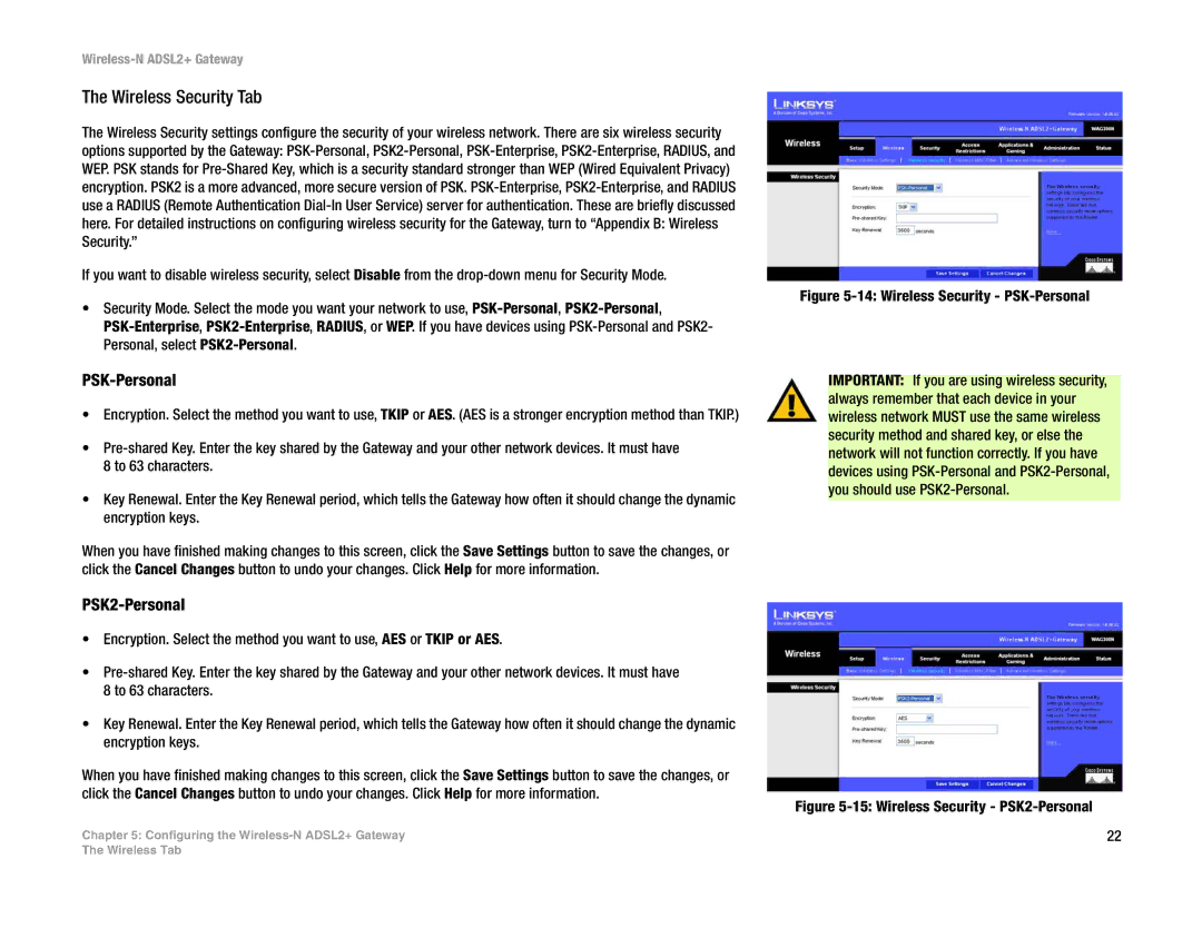 Linksys wag300n (eu, la) manual Wireless Security Tab, PSK-Personal, PSK2-Personal 
