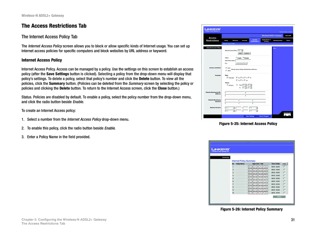 Linksys la), wag300n (eu manual Access Restrictions Tab, Internet Access Policy Tab 