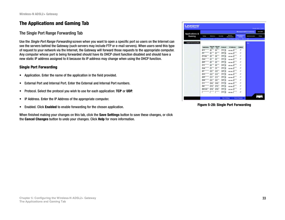 Linksys la), wag300n (eu manual Applications and Gaming Tab, Single Port Range Forwarding Tab, Single Port Forwarding 