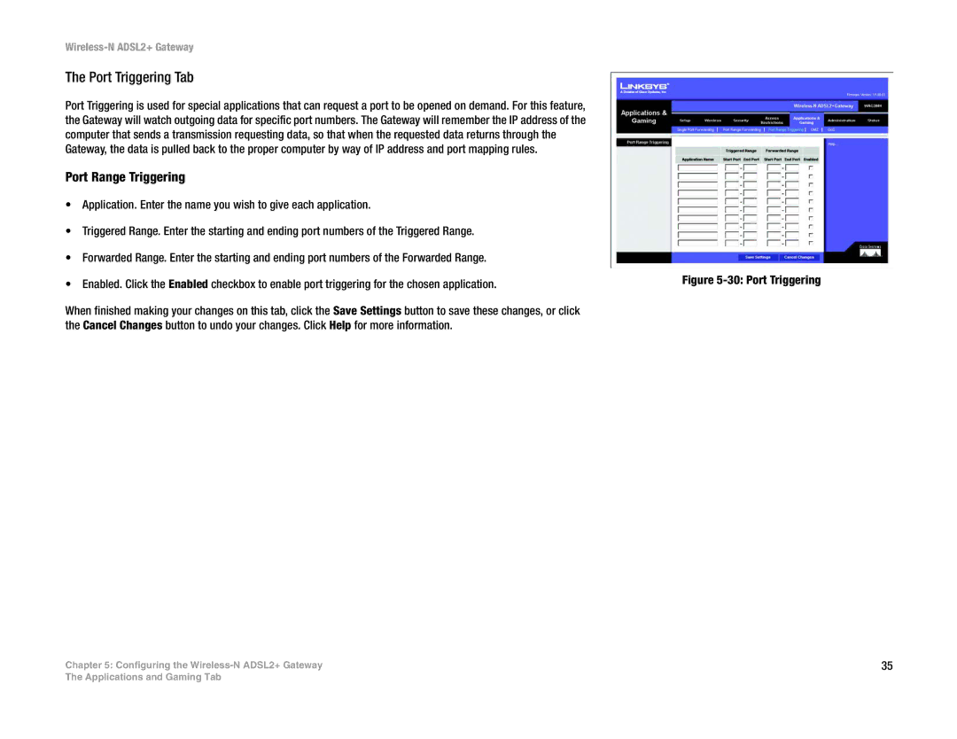 Linksys la), wag300n (eu manual Port Triggering Tab, Port Range Triggering 