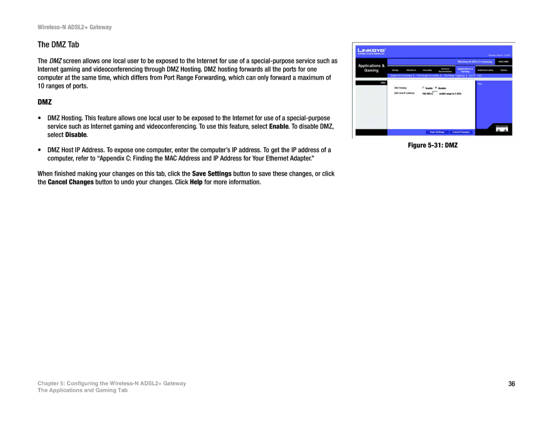 Linksys wag300n (eu, la) manual DMZ Tab, Dmz 