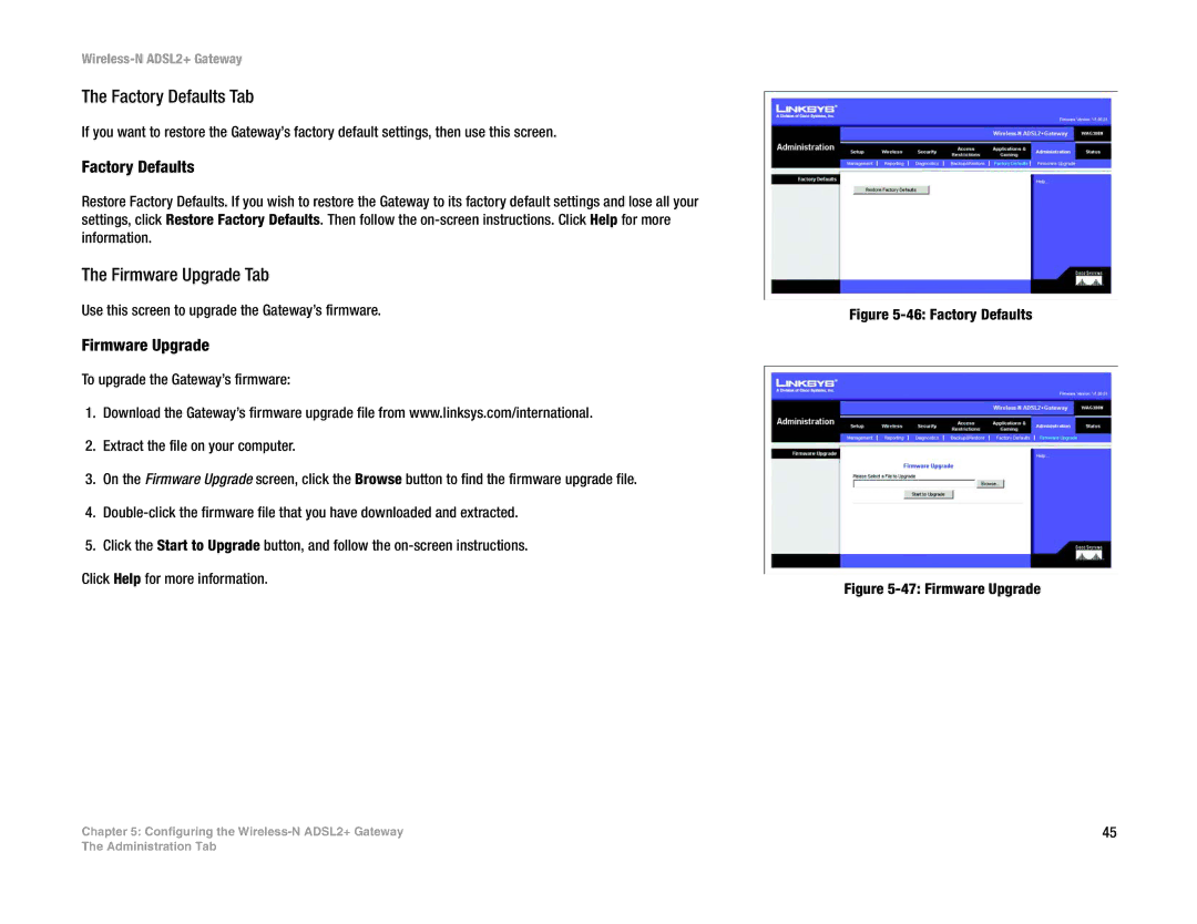 Linksys la), wag300n (eu manual Factory Defaults Tab, Firmware Upgrade Tab 