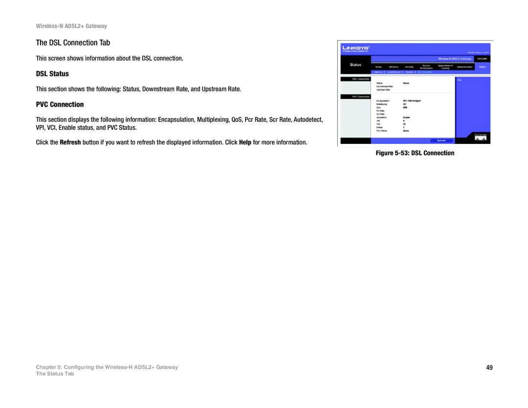 Linksys la), wag300n (eu manual DSL Connection Tab, DSL Status, PVC Connection 