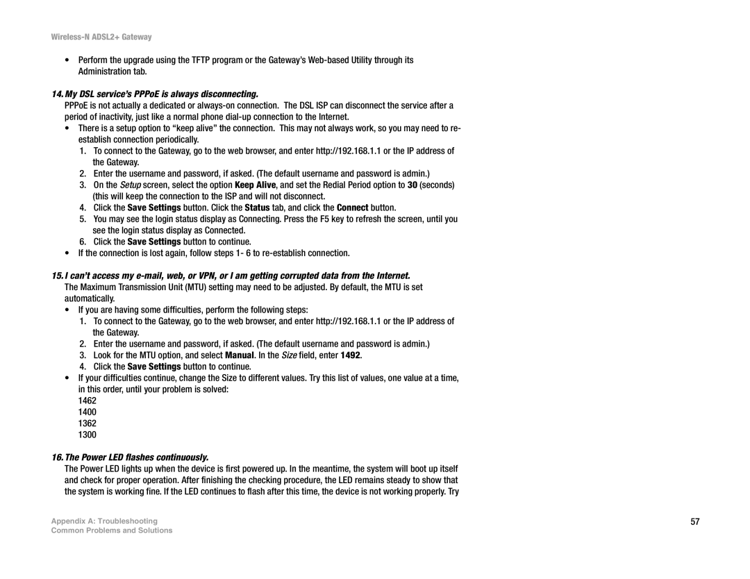 Linksys la), wag300n (eu manual My DSL service’s PPPoE is always disconnecting, Power LED flashes continuously 