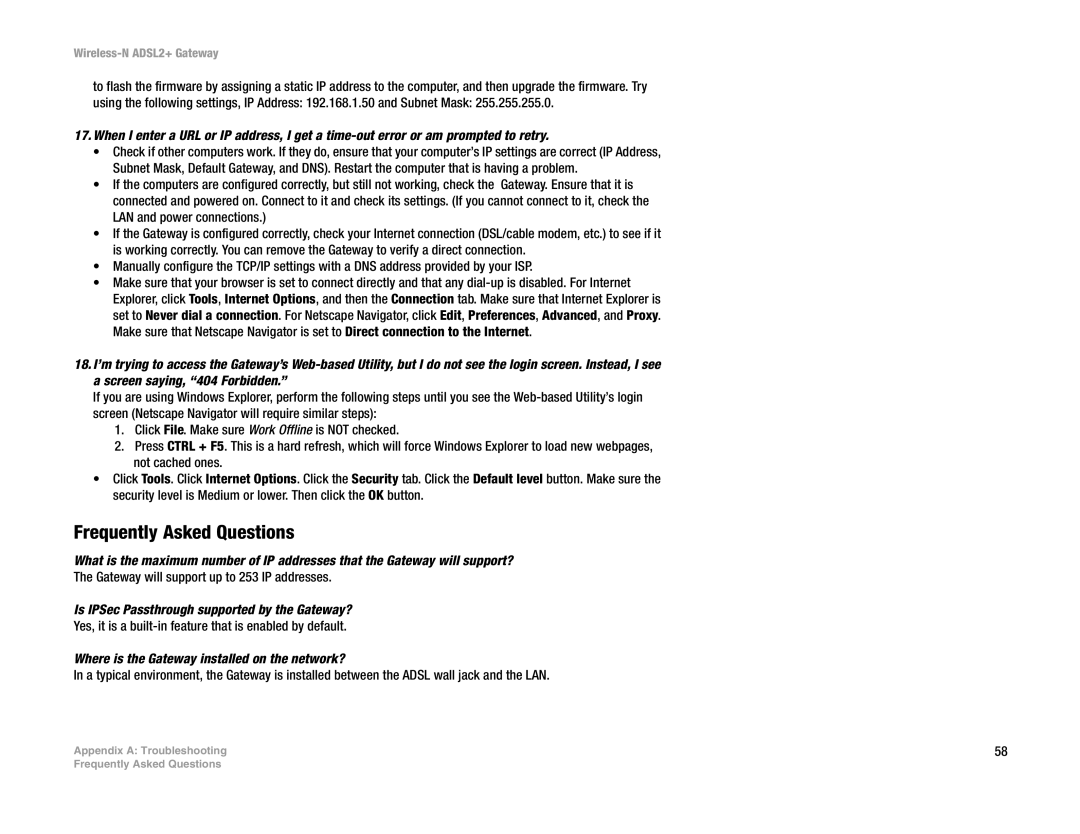 Linksys wag300n (eu, la) manual Frequently Asked Questions, Is IPSec Passthrough supported by the Gateway? 