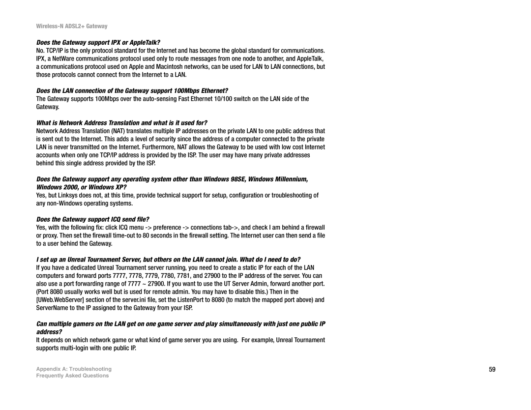 Linksys la), wag300n (eu manual Does the Gateway support IPX or AppleTalk?, Does the Gateway support ICQ send file? 