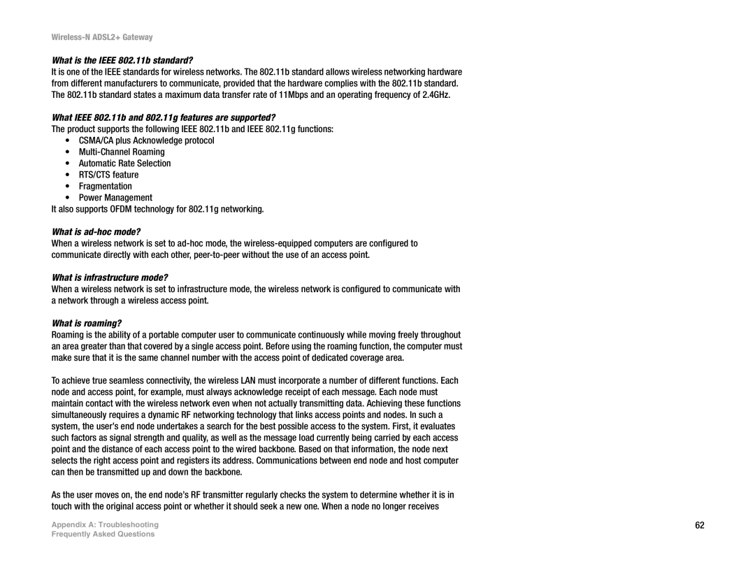 Linksys wag300n (eu, la) manual What is the Ieee 802.11b standard?, What Ieee 802.11b and 802.11g features are supported? 