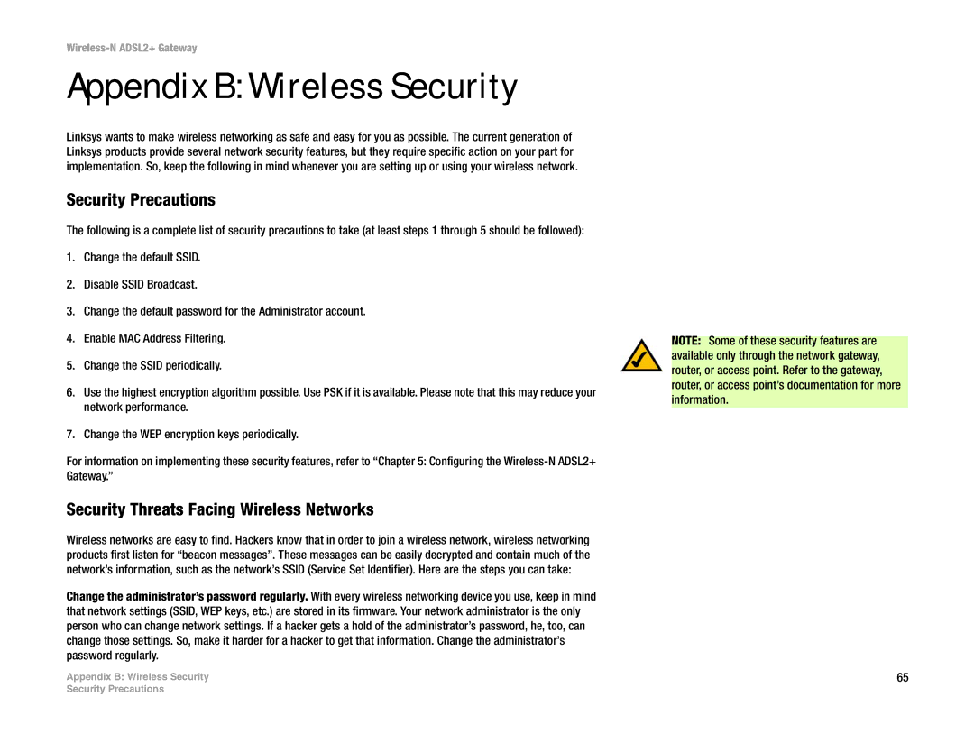 Linksys la), wag300n (eu Appendix B Wireless Security, Security Precautions, Security Threats Facing Wireless Networks 