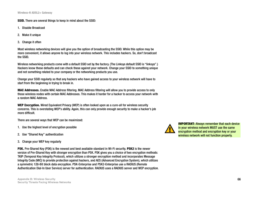 Linksys wag300n (eu, la) manual Appendix B Wireless Security 
