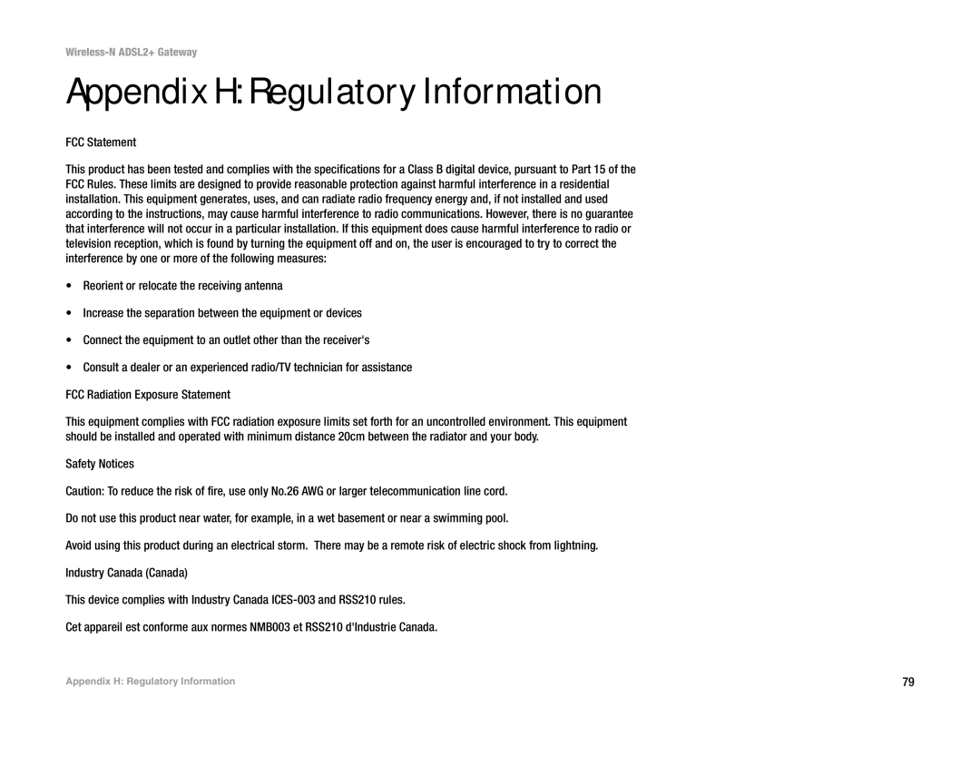 Linksys la), wag300n (eu manual Appendix H Regulatory Information, FCC Statement 