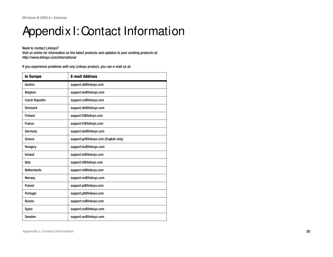 Linksys la), wag300n (eu manual Appendix I Contact Information, Europe Mail Address 