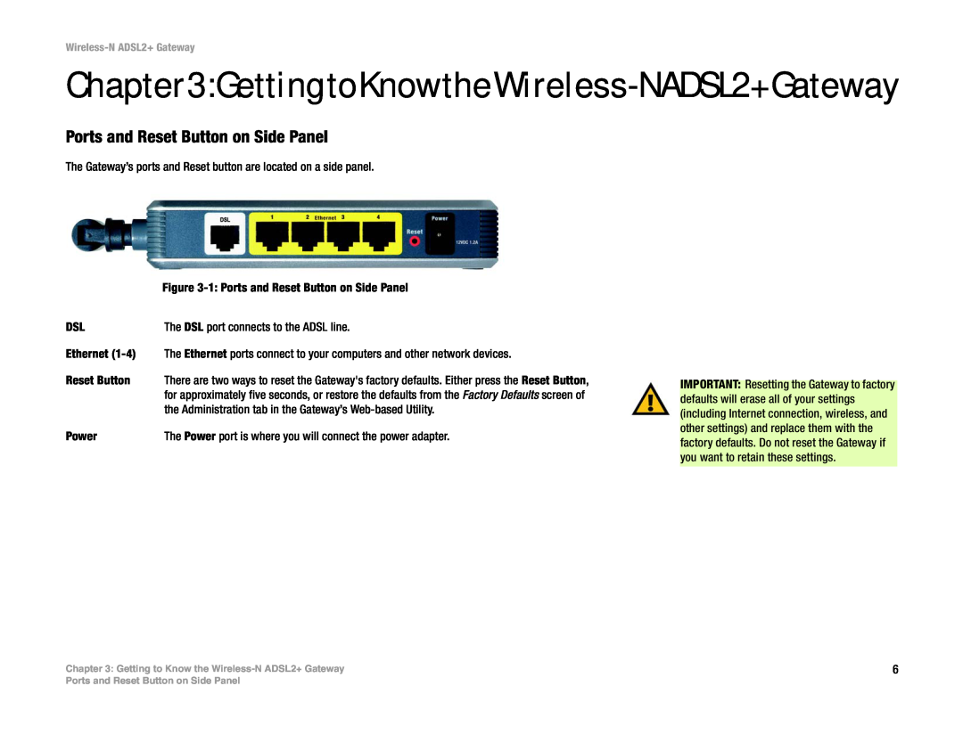 Linksys wag300n (eu, la) manual GettingtoKnowtheWireless-NADSL2+Gateway, Ports and Reset Button on Side Panel 